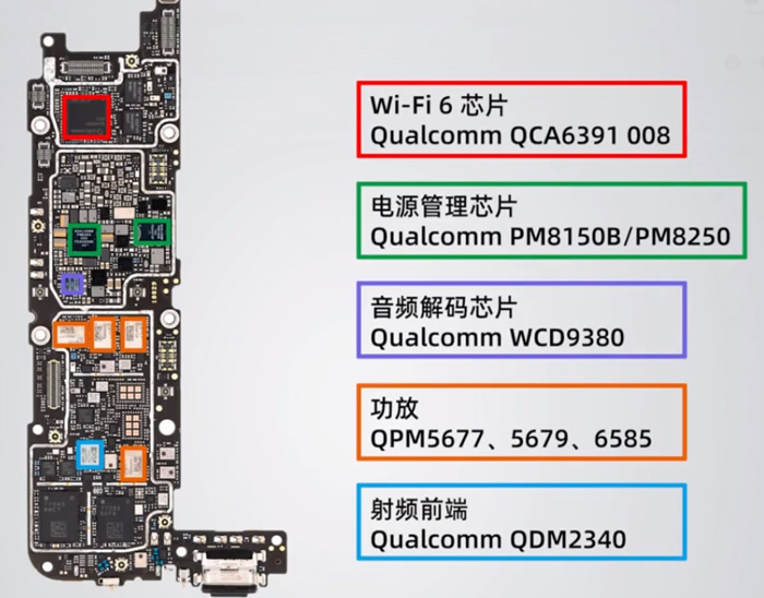 小米10主板元件标注topwi-fi6 wlan:qualcomm qca6391 008pmu